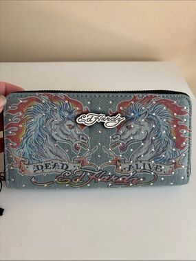 Ed Hardy Denim Zip Wallet with Multicolor Unicorns